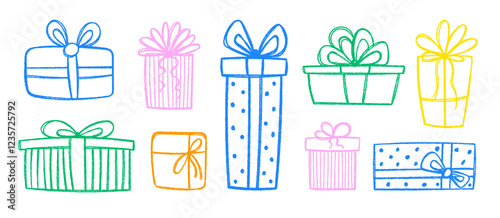 Set of birthday gift boxes with crayon, pastel or chalk texture. Doodle hand drawn presents. Color vector illustration.