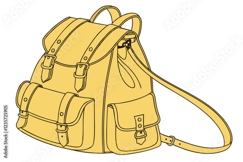 Yellow leather backpack, multiple pockets, vintage style, fashionable, detailed stitching, adjustable straps, brass hardware, bright mustard color, professional photography, studio lighting, white bac