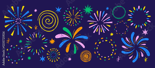 Set of hand drawn fireworks with sparkle and twinkle with crayon or pastel texture. Sketch elements of circle frames with confetti and bling for celebrate. Chalk vector illustration.