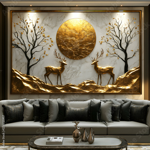 Golden Deer and Moon 3D Wall Art Landscape