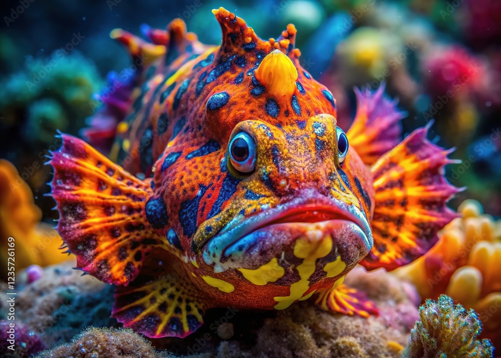 Psychedelic frogfish, Ambon, Indonesia, panoramic AI creation. A vibrant underwater scene. Psychedelic frogfish, Ambon, Indonesia, panoramic AI creation. A vibrant underwater scene.