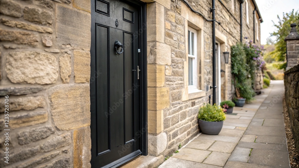 Stone edifice, black door, sharp details in deep focus. Stone edifice, black door, sharp details in deep focus.