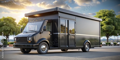 Stylish black food truck,  in a parking lot,  ready for hungry customers.