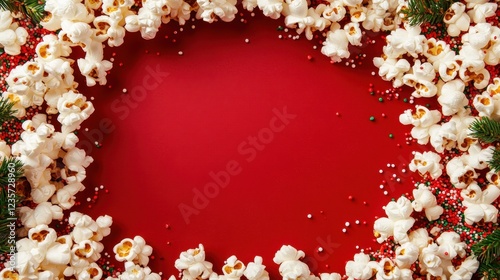 Decorative Frame of Popcorn with Sprinkles on Shiny Red Background