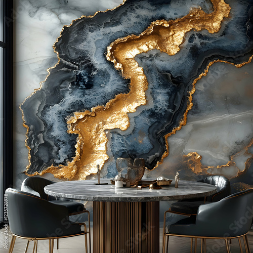 Elegant Gold and Gray Abstract Agate Wall Mural for Dining Room Decor