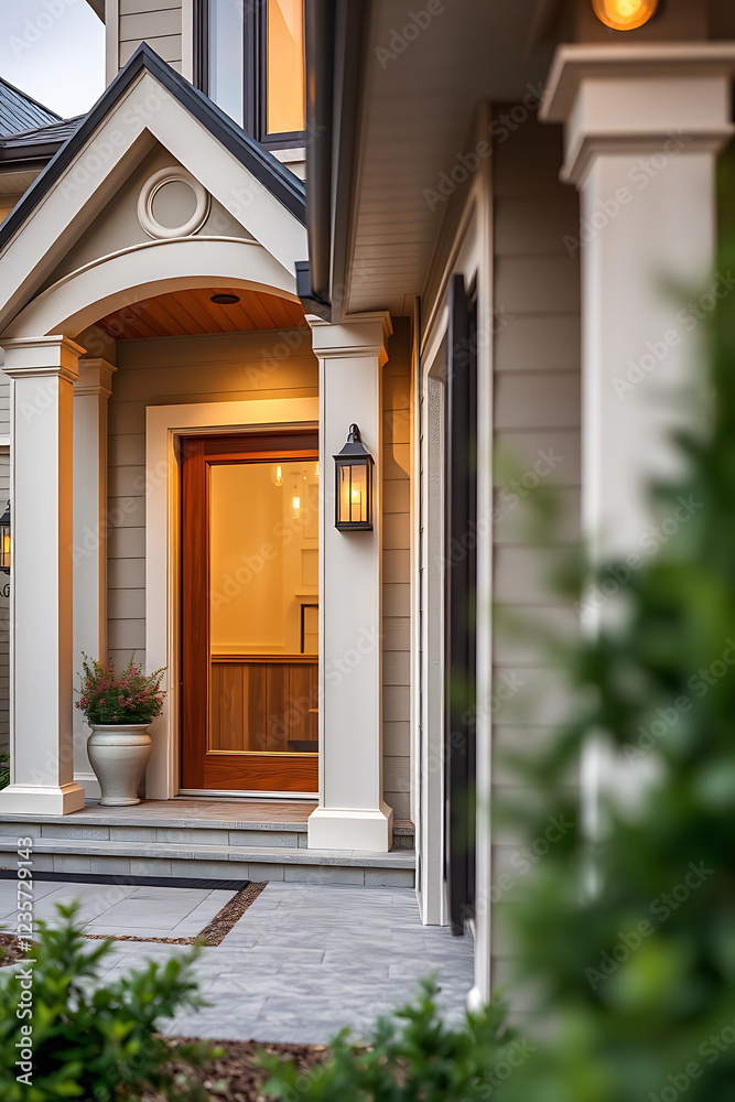 Elegant Home Exterior: Modern Architecture and Design. Luxury Real Estate Entrance with Stone Pathway and Landscaping. Elegant Home Exterior: Modern Architecture and Design. Luxury Real Estate Entrance with Stone Pathway and Landscaping.
