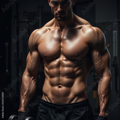 strong athlete man person exercising in the sport gym, close up of muscular body, workout exercise training in fitness for body strong and fit, bodybuilding and healthy lifestyle people photo