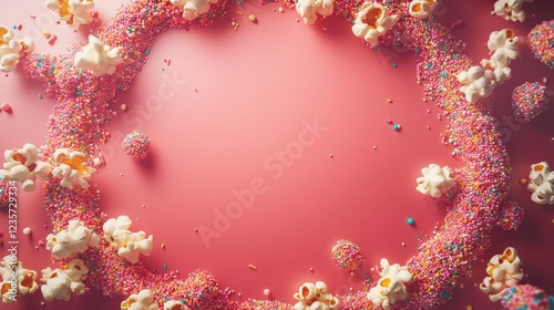 Decorative Popcorn Sprinkles Frame on Shiny Red Background