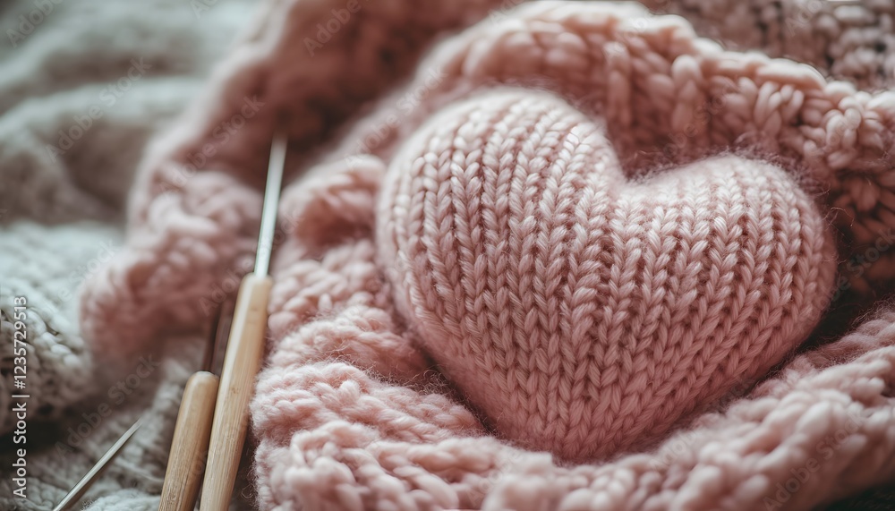 Fototapeta premium Hand Knitted Pink Heart Yarn And Needles