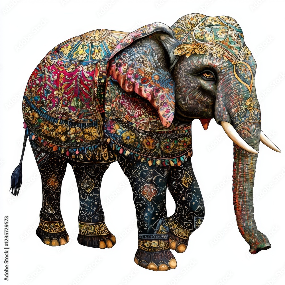 Obraz premium Colorful and Ornate Elephant Illustration Surrounded by Intricate Patterns and Detail for Creative Projects and Designs