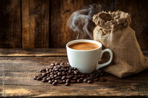 Steaming cup of coffee with beans and burlap sack on rustic wood. (1)