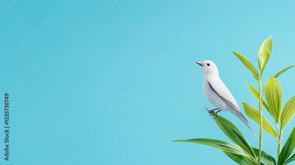 Obraz premium a white bird perched on a green leaf against a blue background. the bird is facing to the right and is in focus. the bird is a symbol of peace, freedom, and hope, spring season background, 
