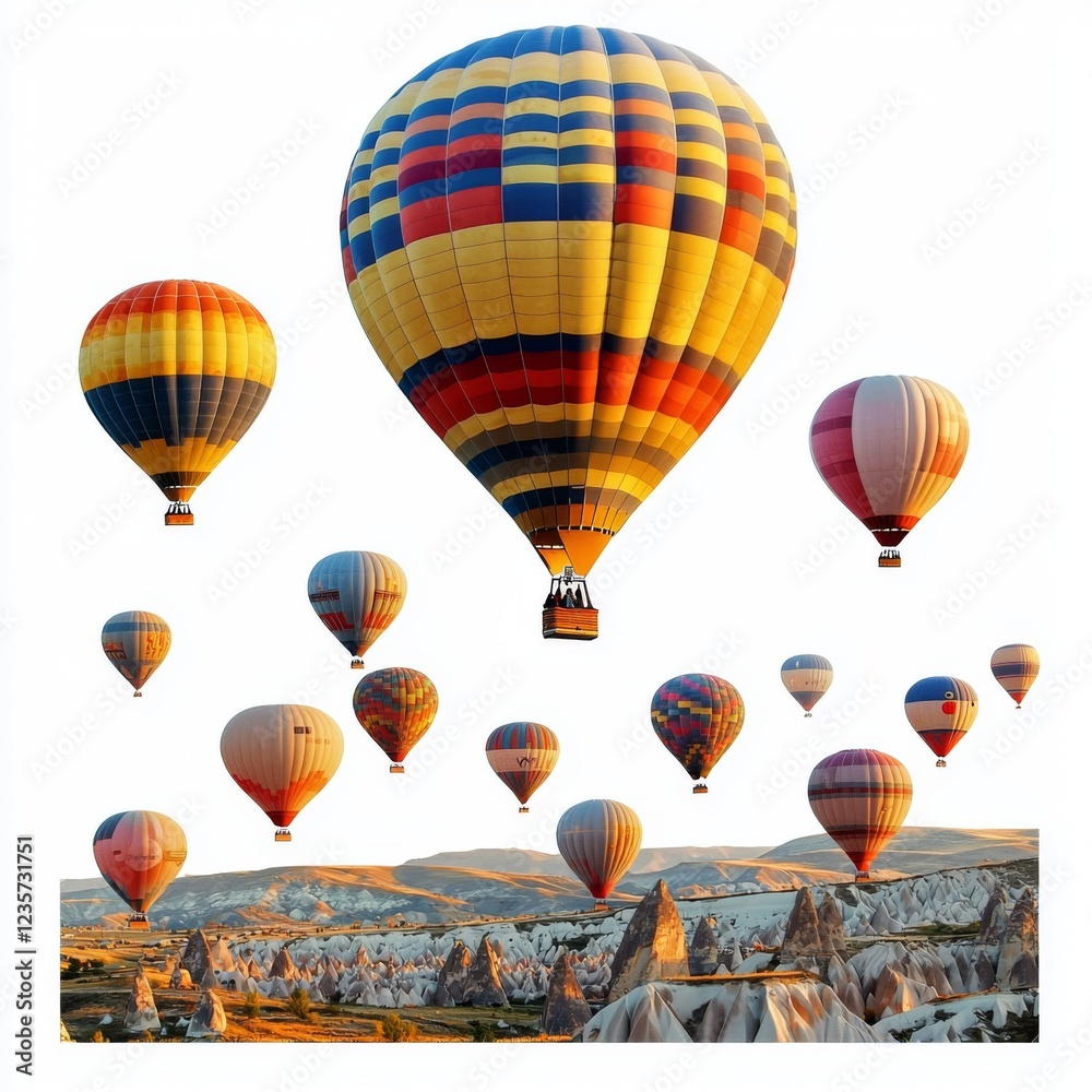 Fototapeta premium Colorful hot air balloons floating gracefully over stunning landscapes during a vibrant sunrise in Cappadocia, Turkey