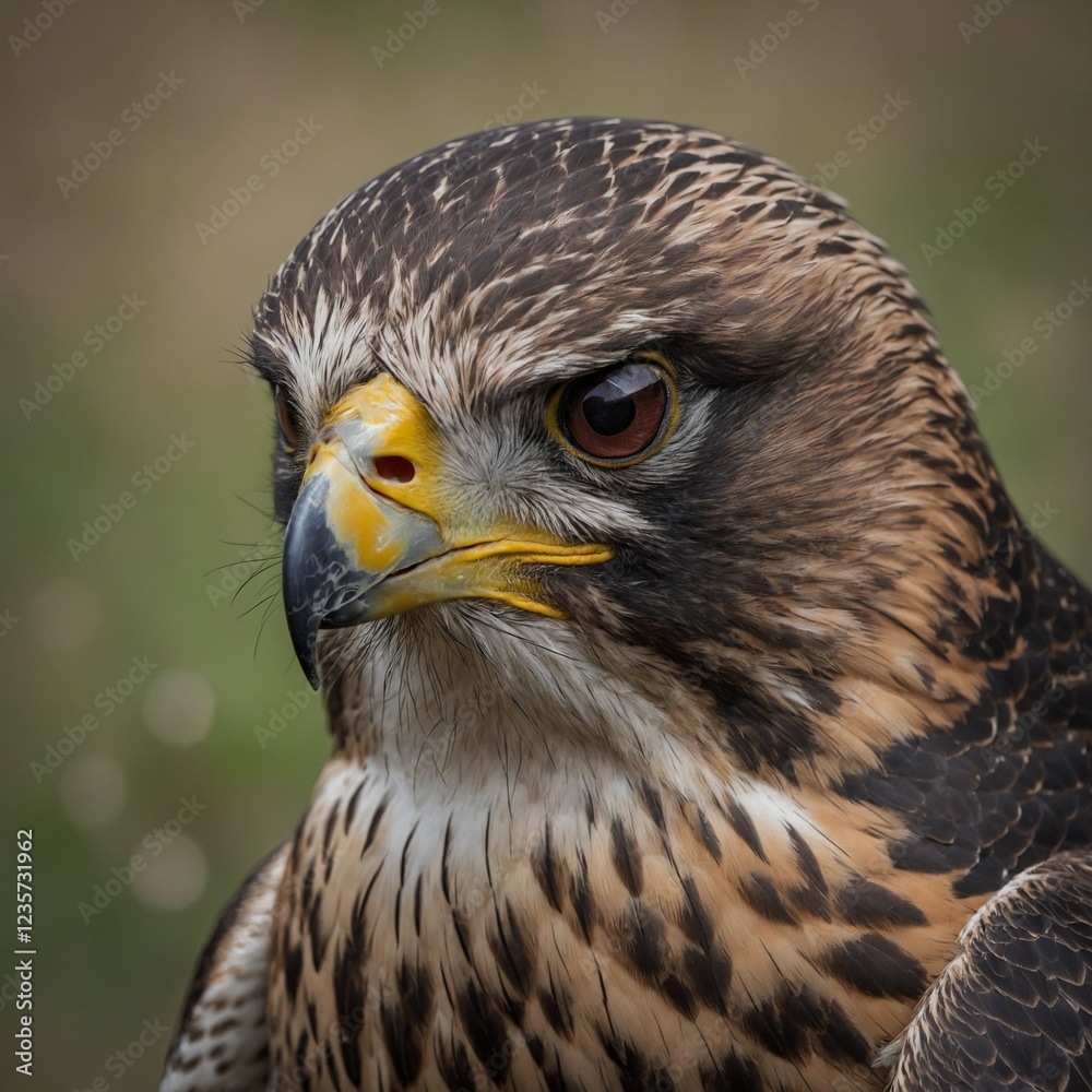 Naklejka premium A falcon’s sharp beak slightly open, a fierce expression.