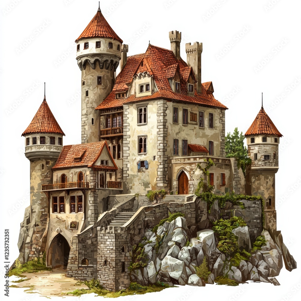 Fototapeta premium Enchanting medieval castle surrounded by rocks and greenery with detailed architecture and majestic towers