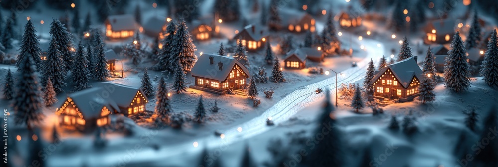 Fototapeta premium Cozy winter village at night, snow covered houses with warm lights.