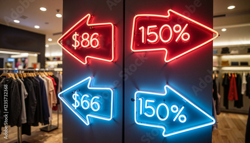 Neon arrows guiding towards budget options in urban shopping, frugal innovation
