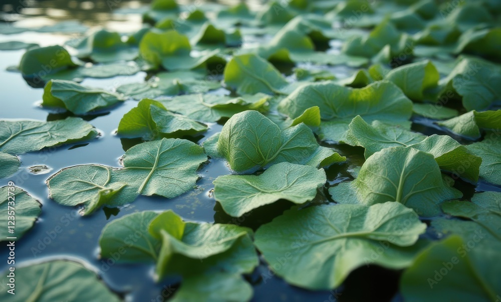 Vibrant green lily pads on tranquil water Vibrant green lily pads on tranquil water