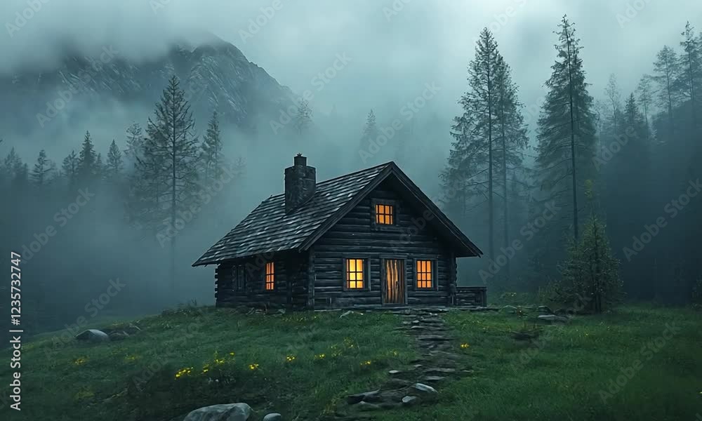 Serene cabin illuminated at dusk, surrounded by misty forest and mountains, evoking tranquility Serene cabin illuminated at dusk, surrounded by misty forest and mountains, evoking tranquility