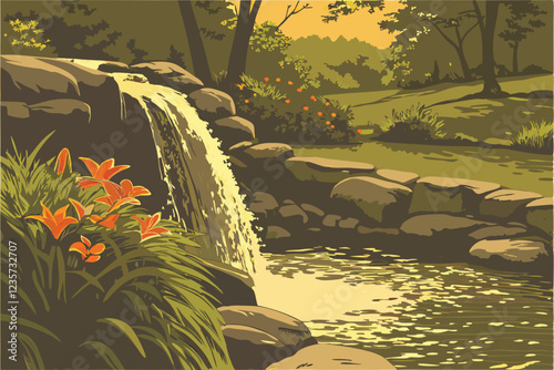 Serene garden waterfall, sparkling sunlit water, smooth river rocks, orange flowers, lush green foliage, shallow stream, natural landscape, soft bokeh, golden hour lighting, close-up perspective, tran