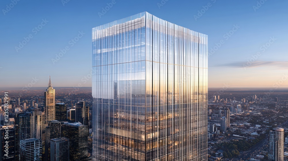 Modern glass skyscraper, city sunrise, aerial view, architectural rendering Modern glass skyscraper, city sunrise, aerial view, architectural rendering