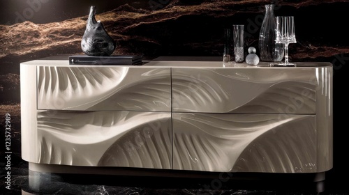 Modern cream dresser, sculpted waves, dark background, luxury home decor photo