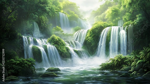 lush green waterfalls cascading in tropical paradise with vibrant foliage and misty forest