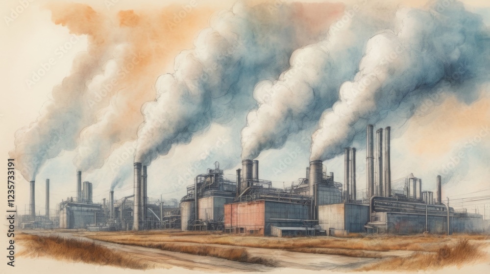 A stylized illustration of a factory at sunset, emitting smoke and steam