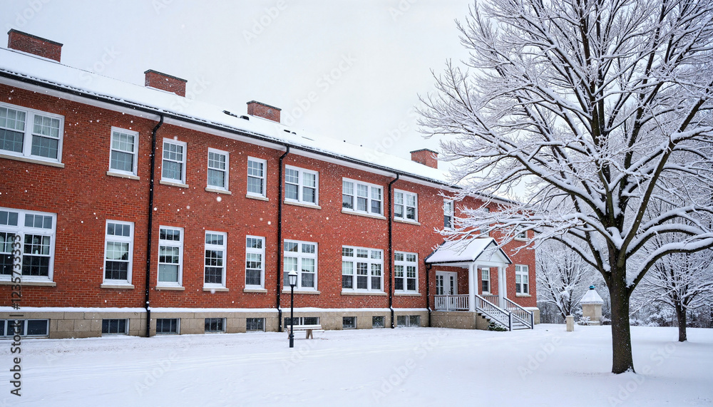 Snow-covered school in calm snowfall, winter tranquility Snow-covered school in calm snowfall, winter tranquility