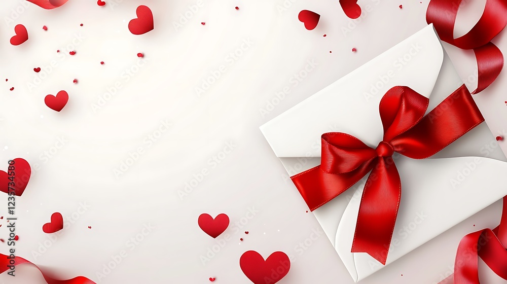 A festive envelope with a red bow surrounded by small red hearts, symbolizing love and celebration. A festive envelope with a red bow surrounded by small red hearts, symbolizing love and celebration.