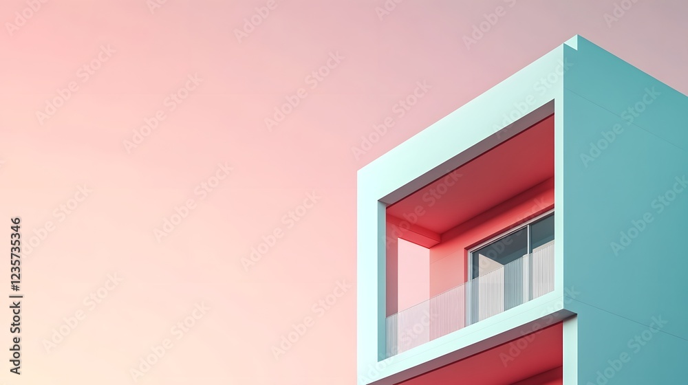Fototapeta premium Abstract Geometric 3D of a Modern Minimalist Building with Pastel Gradient Background