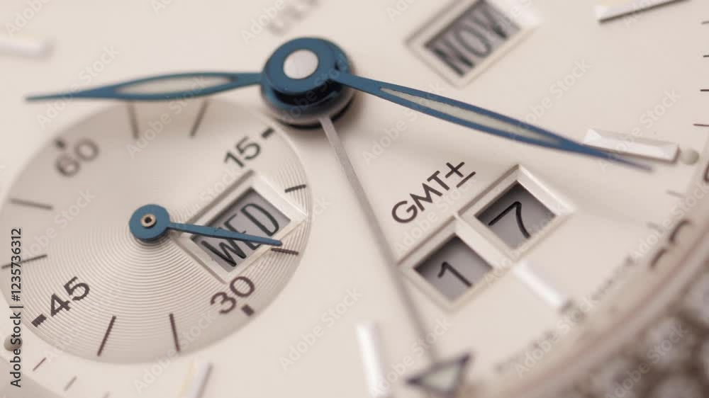 Luxury white watch dial with a precise moving hand, symbolizing time management, planning and global timekeeping