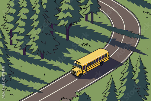  Aerial view, yellow school bus, winding forest road, lush green trees, pine forest, bird's eye perspective, sunlight filtering through foliage, asphalt road, curving path, dense woodland, vibrant col