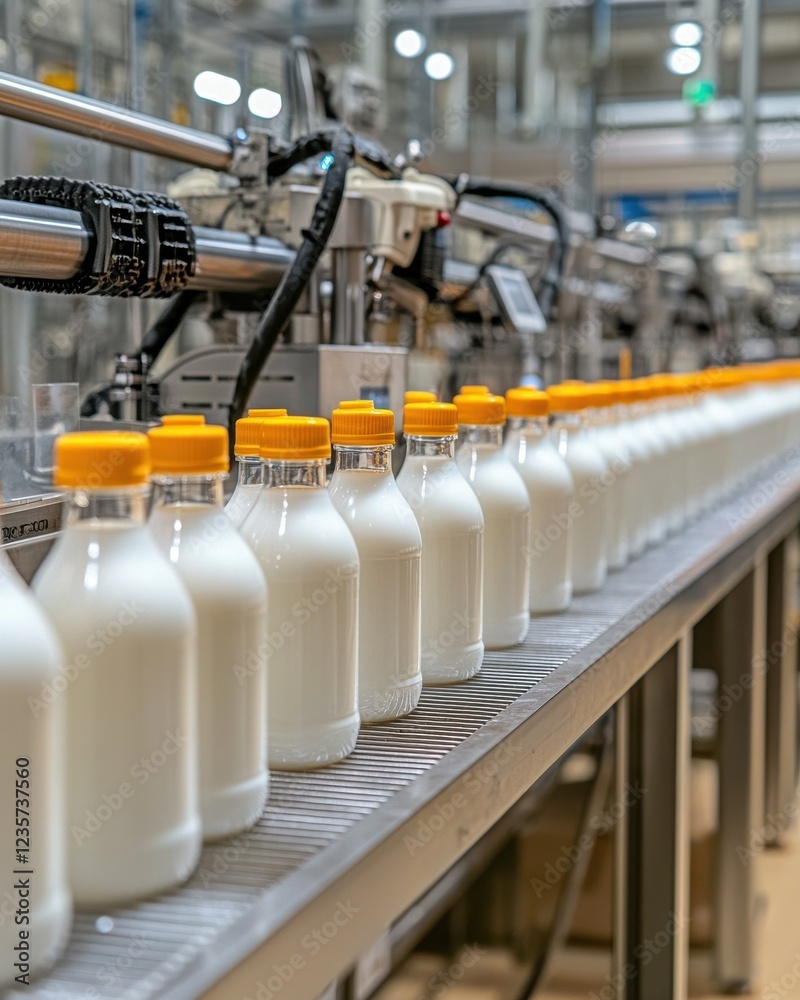Fototapeta premium A production line of filled milk bottles showcases an efficient manufacturing process in a modern dairy facility.