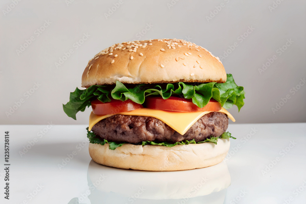 Steak Burger with Cheese Sauce and French Fries, Burger with beef Steak Burger with Cheese Sauce and French Fries, Burger with beef