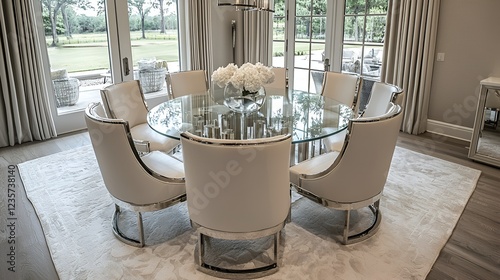 Elegant glass dining set, eight chairs, garden view, luxury home interior, real estate photo