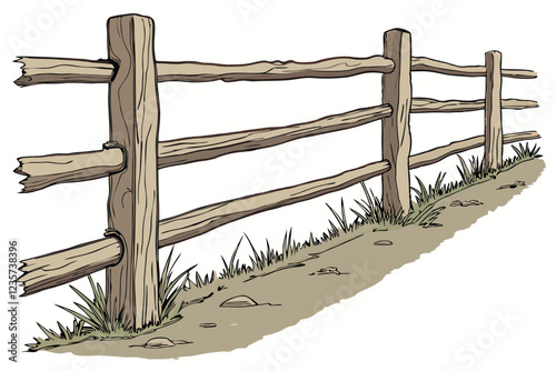 Rustic wooden fence, weathered logs, horizontal beams, vertical posts, rough-hewn timber, natural wood texture, aged wood grain, primitive construction, rural barrier, earthy tones, isolated on white 