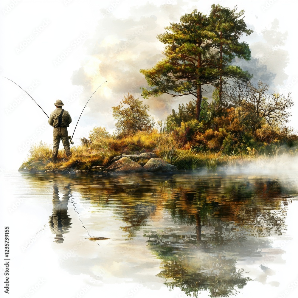 Tranquil Fisherman by a Misty Lake Surrounded by Lush Greenery and Serene Water Reflection in a Peaceful Nature Landscape Tranquil Fisherman by a Misty Lake Surrounded by Lush Greenery and Serene Water Reflection in a Peaceful Nature Landscape
