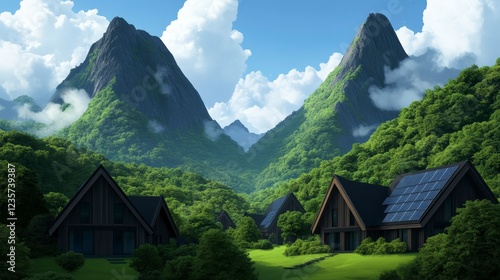 Serene Mountain Landscape with Eco-Friendly Homes in Lush Green Valley