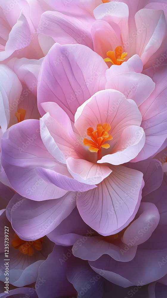 Soft pink and purple flowers with delicate orange centers Soft pink and purple flowers with delicate orange centers