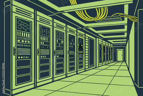  Data center interior, server room, yellow network cables, futuristic cyberpunk aesthetic, neon green lights, symmetrical composition, high-tech infrastructure, cable management, industrial design, di