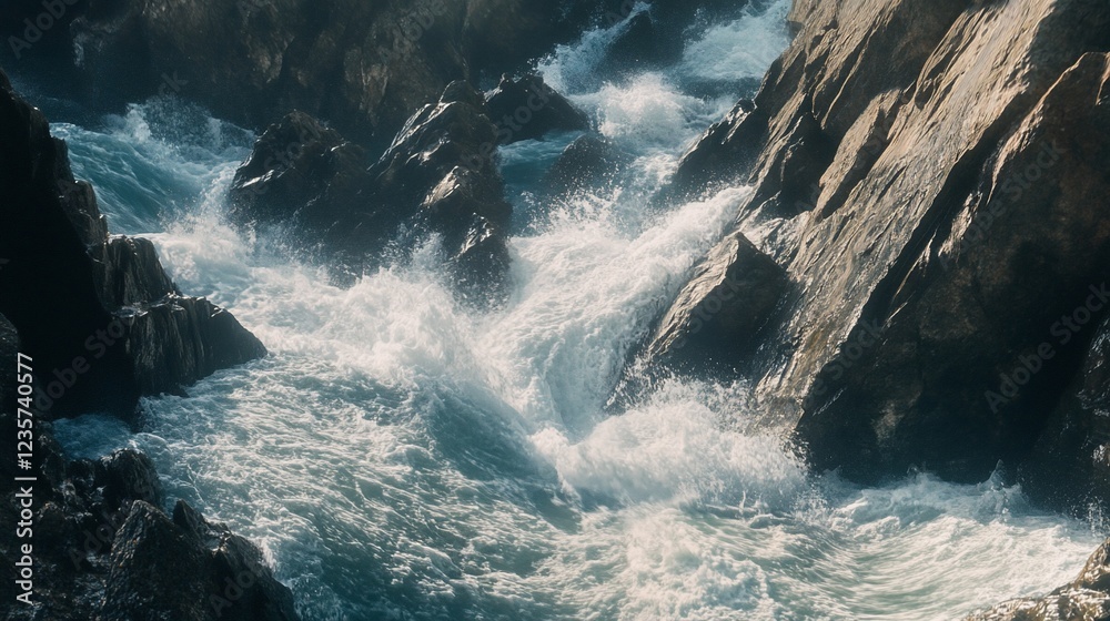 Crashing waves flowing between dark rocks in the ocean creating powerful surges of water Crashing waves flowing between dark rocks in the ocean creating powerful surges of water