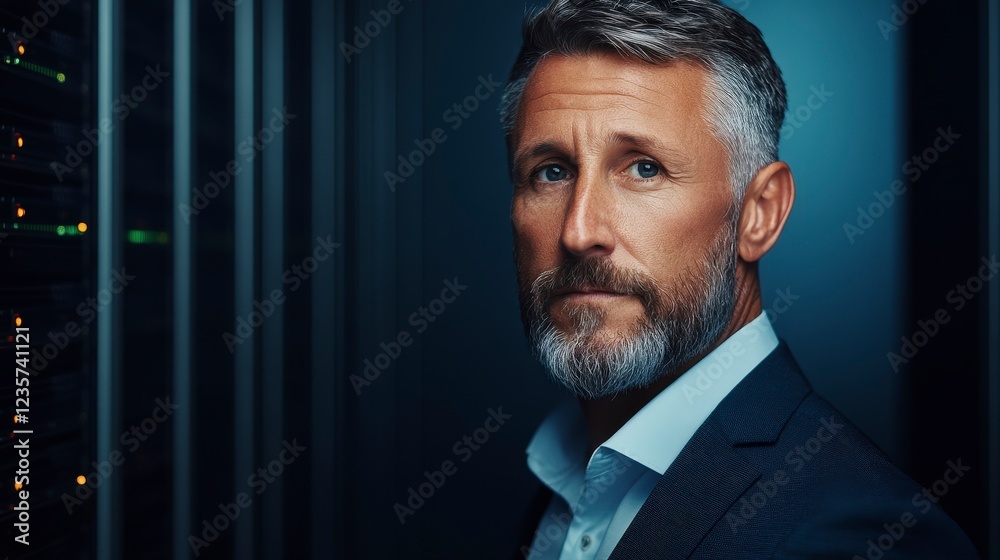 Fototapeta premium Confident Businessman Posing in Server Room with Technology Background