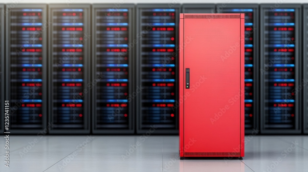 Bright Red Server Cabinet in Modern Data Center with Black Racks and LED Lights Bright Red Server Cabinet in Modern Data Center with Black Racks and LED Lights