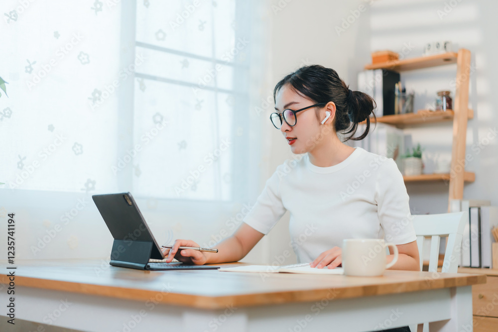 woman working on tablet at wooden table in bright home office, wearing glasses and earbuds