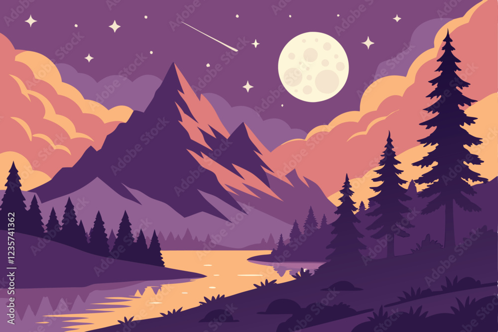 Fototapeta premium Fantasy landscape, majestic mountains, full moon, vibrant sky, colorful clouds, starry night, reflective lake, pine trees, mystical forest, glowing light, dreamlike scenery, purple and orange hues, se