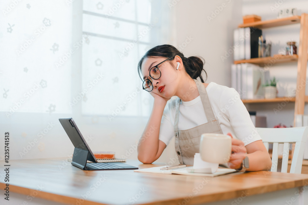 woman wearing glasses and apron sits at table with tablet, holding mug, appearing thoughtful in cozy home setting woman wearing glasses and apron sits at table with tablet, holding mug, appearing thoughtful in cozy home setting