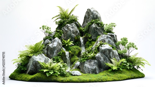 Miniature rock gardens with tropical bonsai landscapes and moss-covered stone formations