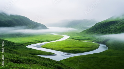 Serpentine river winds through lush green valley under a shroud of fog and mist