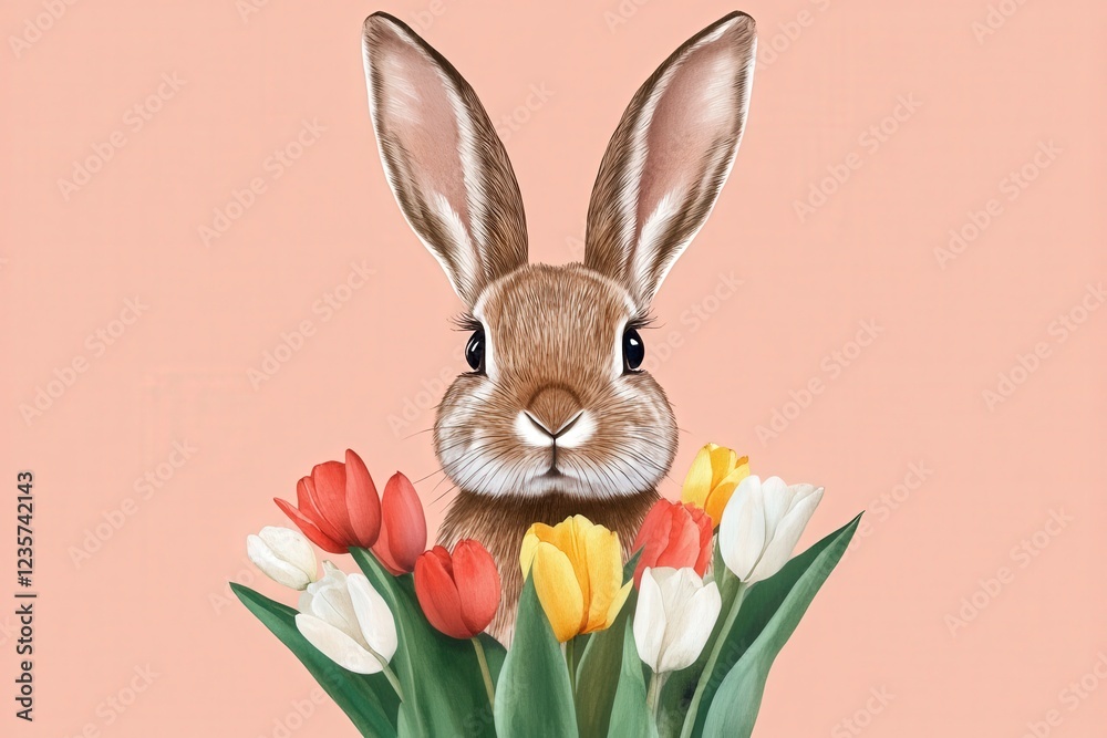 Obraz premium Cute Rabbit Surrounded by Colorful Tulips on a Peach Background for Spring Season